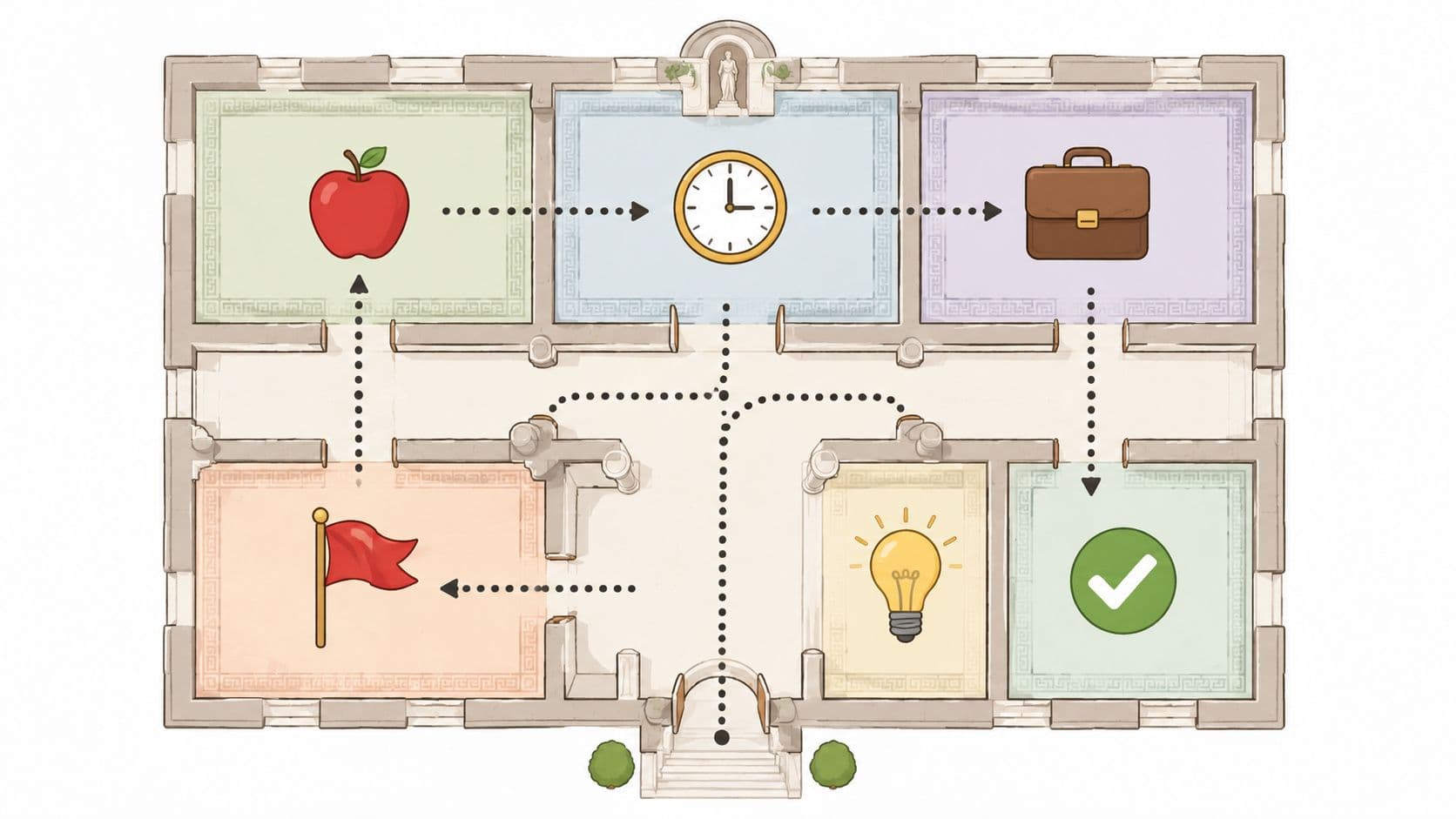 A diagram of a house interior depicting the Loci method as a memory technique for organizing information.