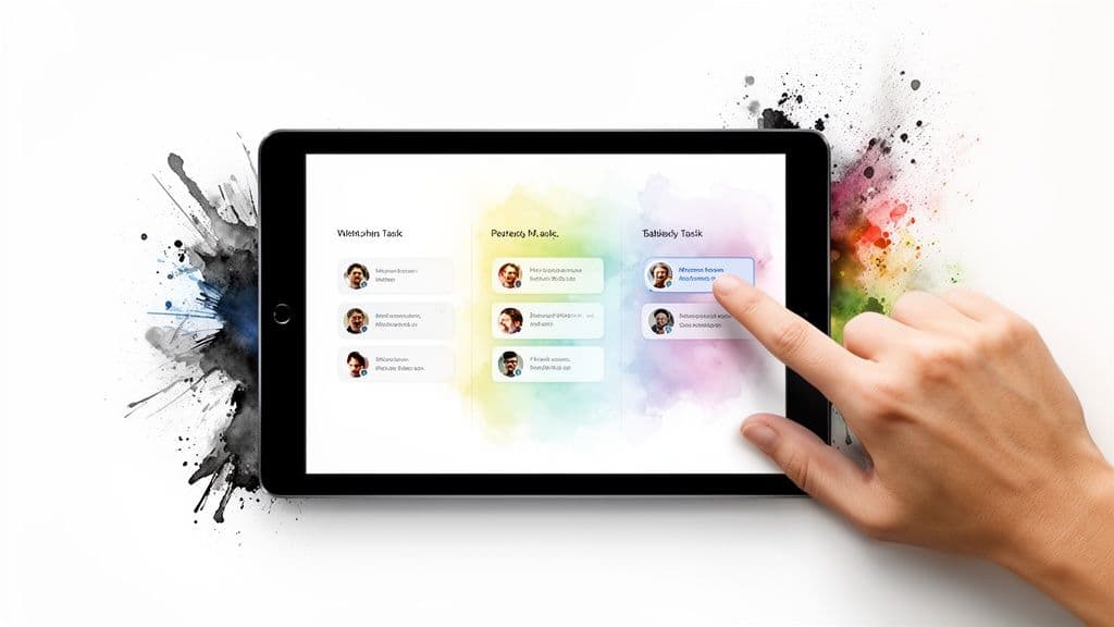 A hand interacts with a tablet displaying a task management application with profile pictures and colorful sections.
