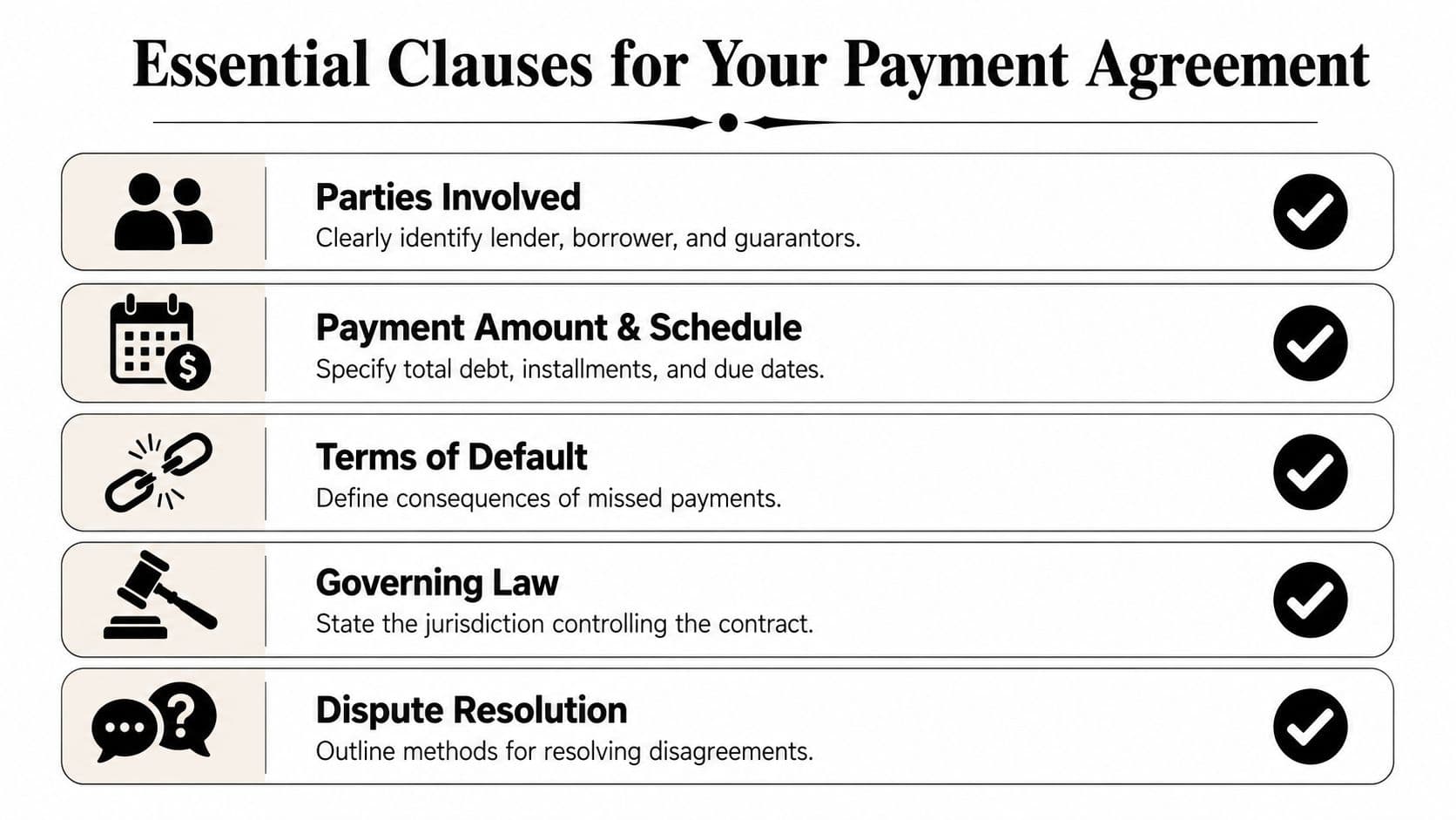 A checklist infographic titled Essential Clauses for Your Payment Agreement listing five key contract components.