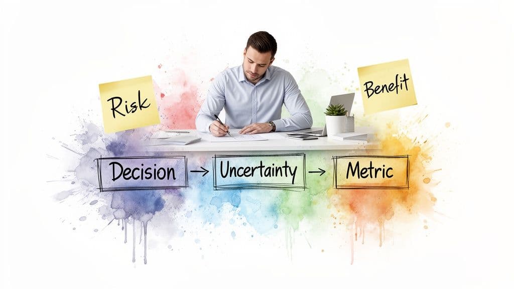 A man at a desk illustrates a decision-making process involving Decision, Uncertainty, Metric, Risk, and Benefit.