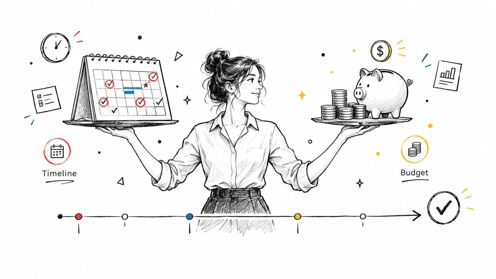 A woman balancing a calendar representing project timelines and a piggy bank representing budget planning on trays.