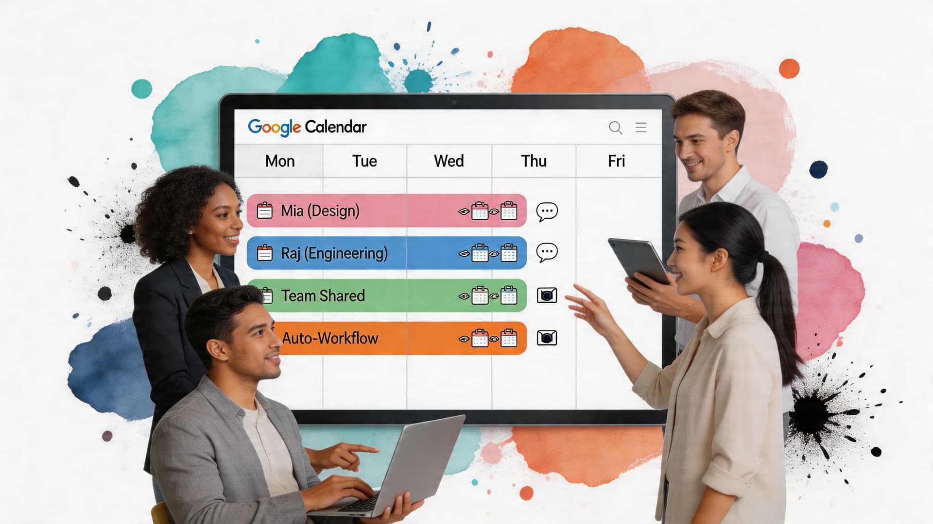 A professional team collaborating on scheduling and time blocking tasks displayed on a large digital screen.