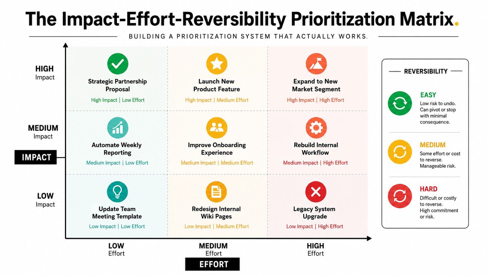 A prioritization matrix grid displaying nine tasks categorized by impact, effort, and reversibility levels for decision making.