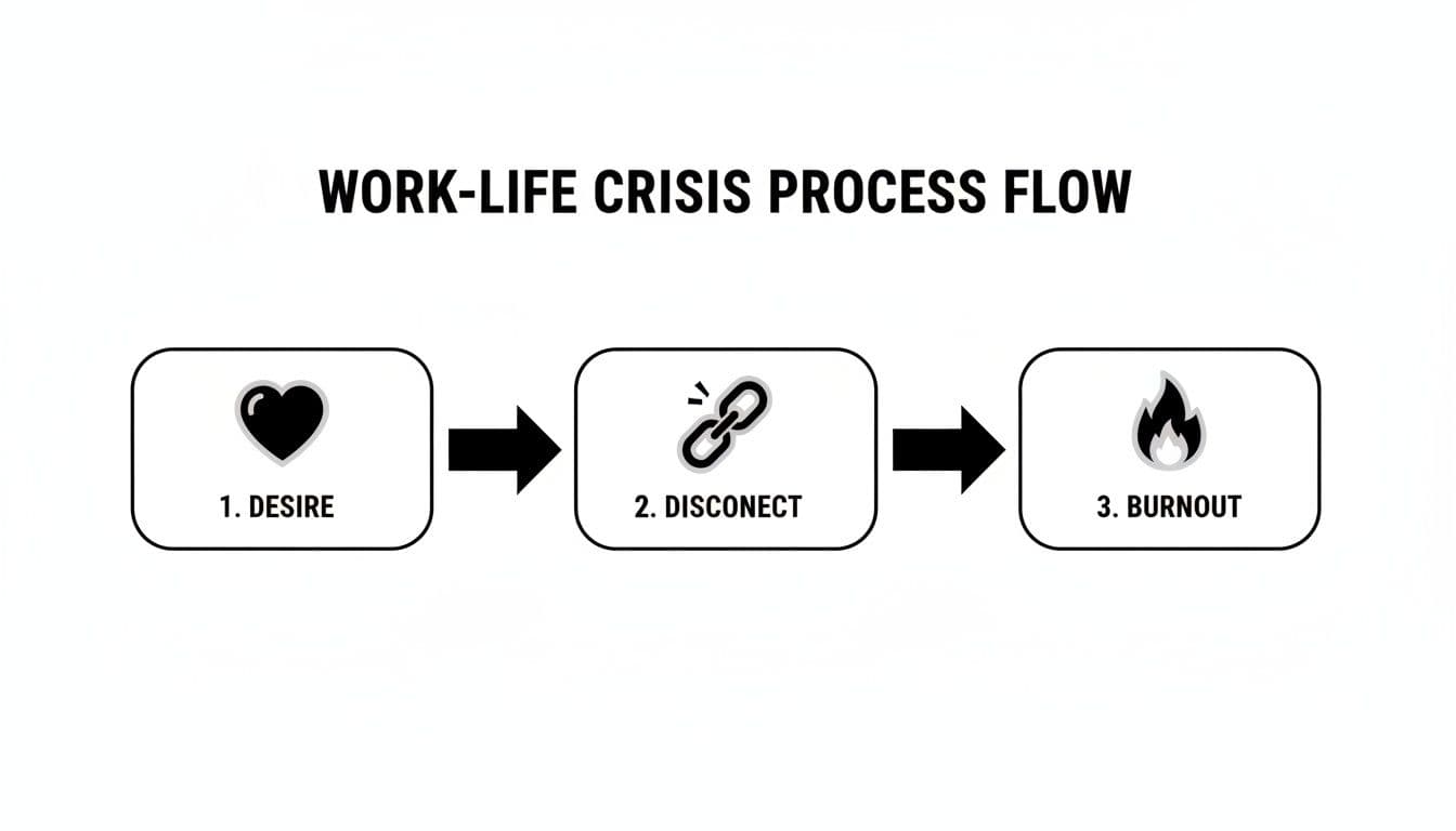 A flow chart titled 'Work-Life Crisis Process Flow' showing three stages: Desire (heart), Disconnect (broken chain), and Burnout (flame).