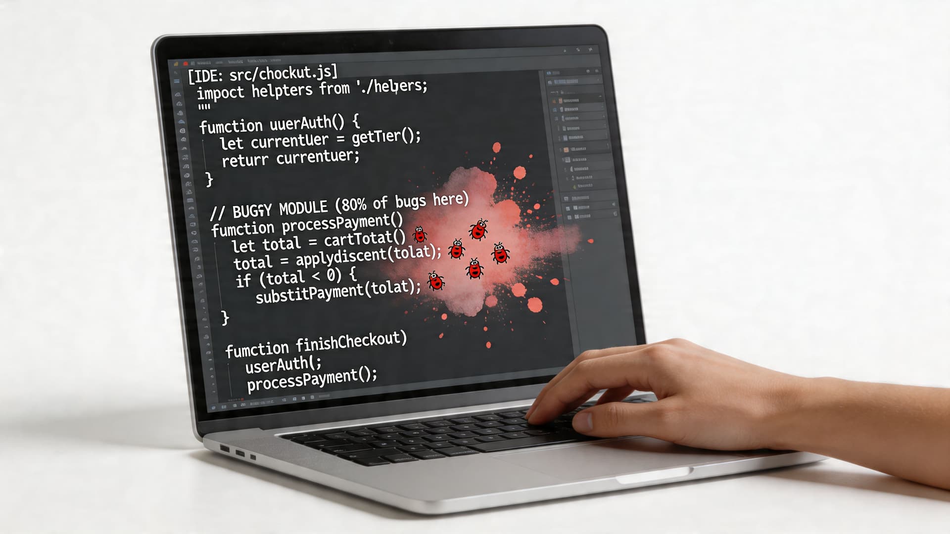 A person using a laptop with code on the screen featuring bugs and a splatter graphic.