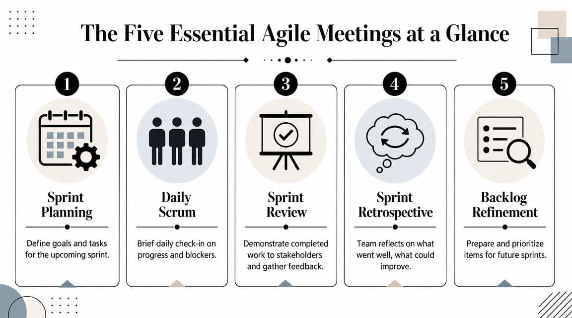 A visual infographic titled The Five Essential Agile Meetings at a Glance detailing key Scrum ceremonies.