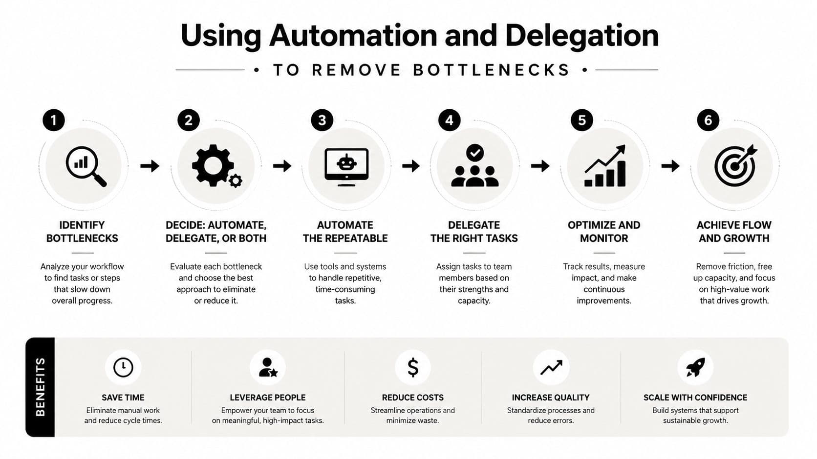 A six-step infographic showing how to use automation and delegation to remove business bottlenecks and achieve growth.