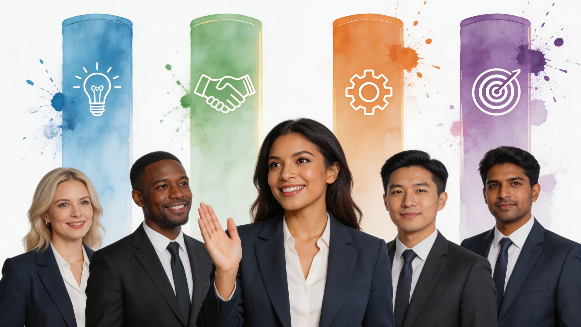 A diverse group of professional team members standing together in suits with illustrative icons representing leadership concepts.