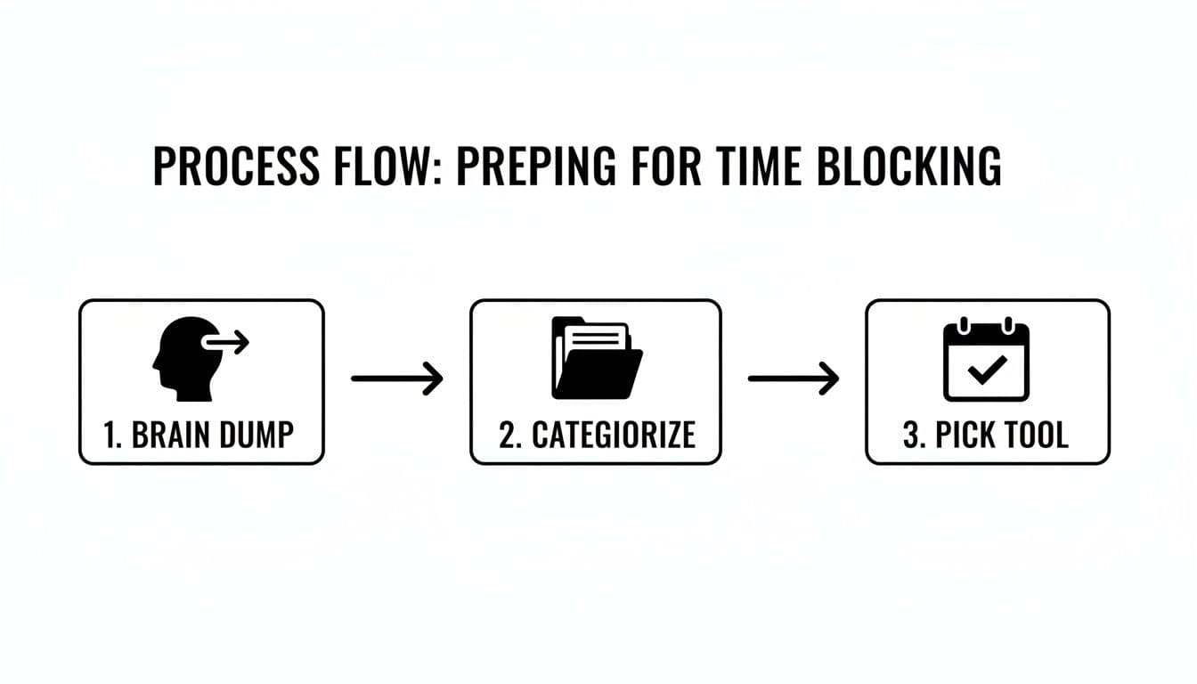 A three-step process flow for prepping for time blocking: brain dump, categorize, and pick tool.