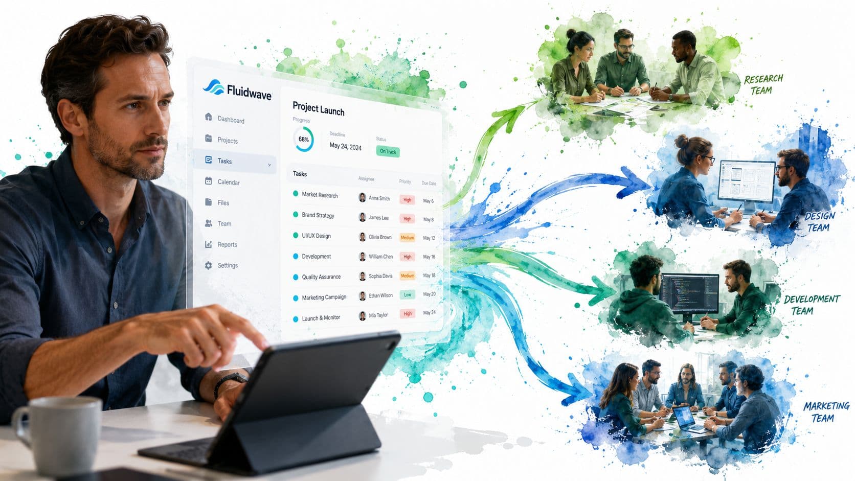 A professional using a digital project management tool to coordinate remote work across various expert teams.