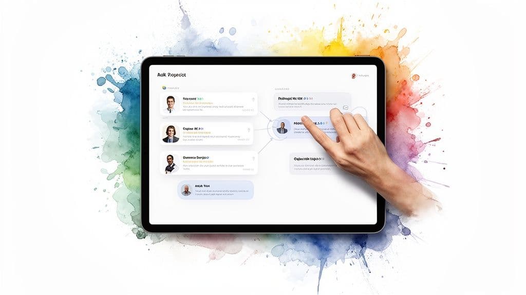 A hand interacts with a tablet showing a project management communication application.