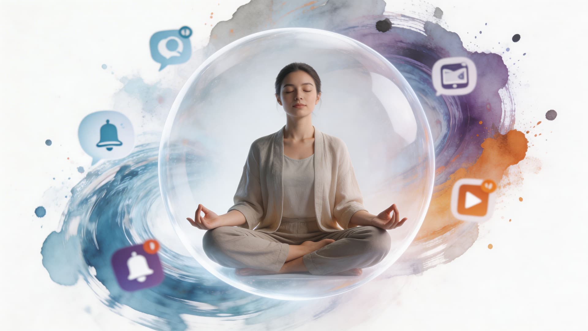 A serene woman meditating inside a clear bubble, surrounded by floating digital social media notification icons.