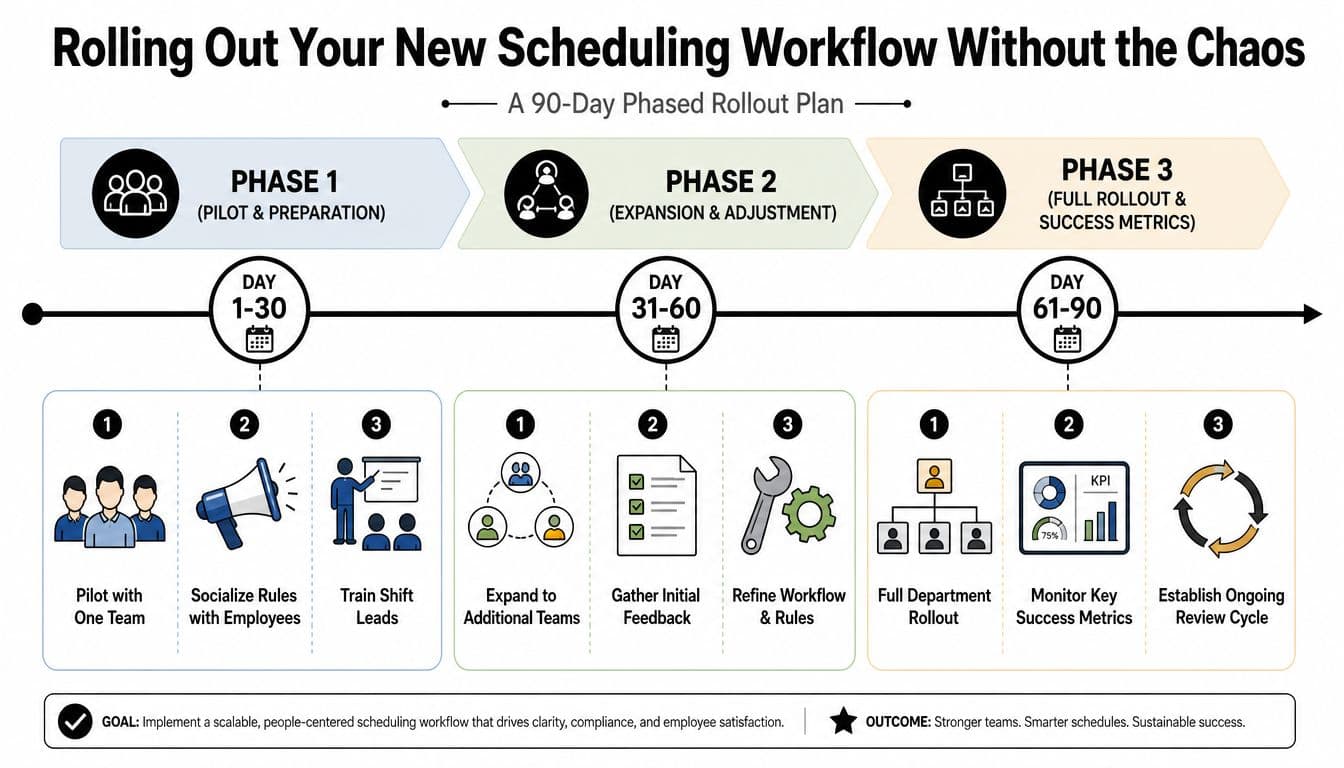 A 90-day phased rollout plan diagram illustrating steps for implementing a new scheduling workflow across an organization.