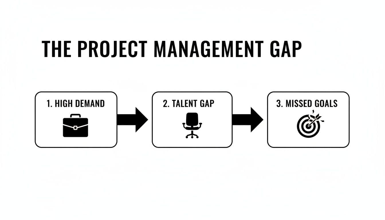 Flowchart illustrating the project management gap: high demand, leading to a talent gap, resulting in missed goals.