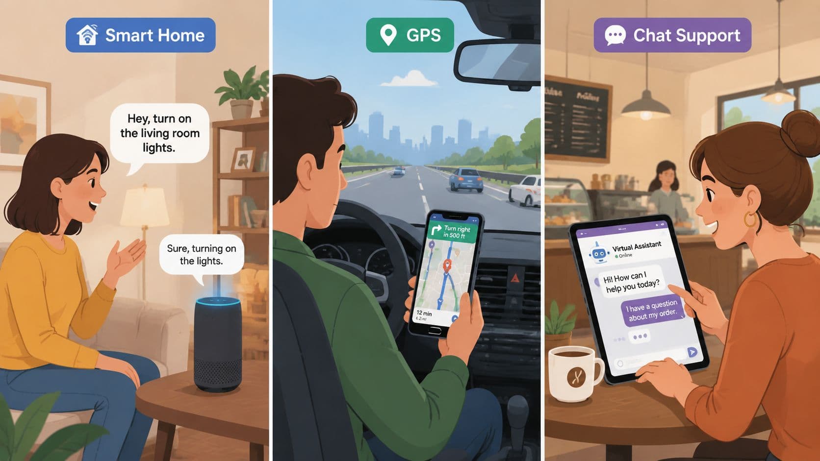 Three illustrations depicting people interacting with artificial intelligence through smart home devices, GPS navigation, and online chat support.