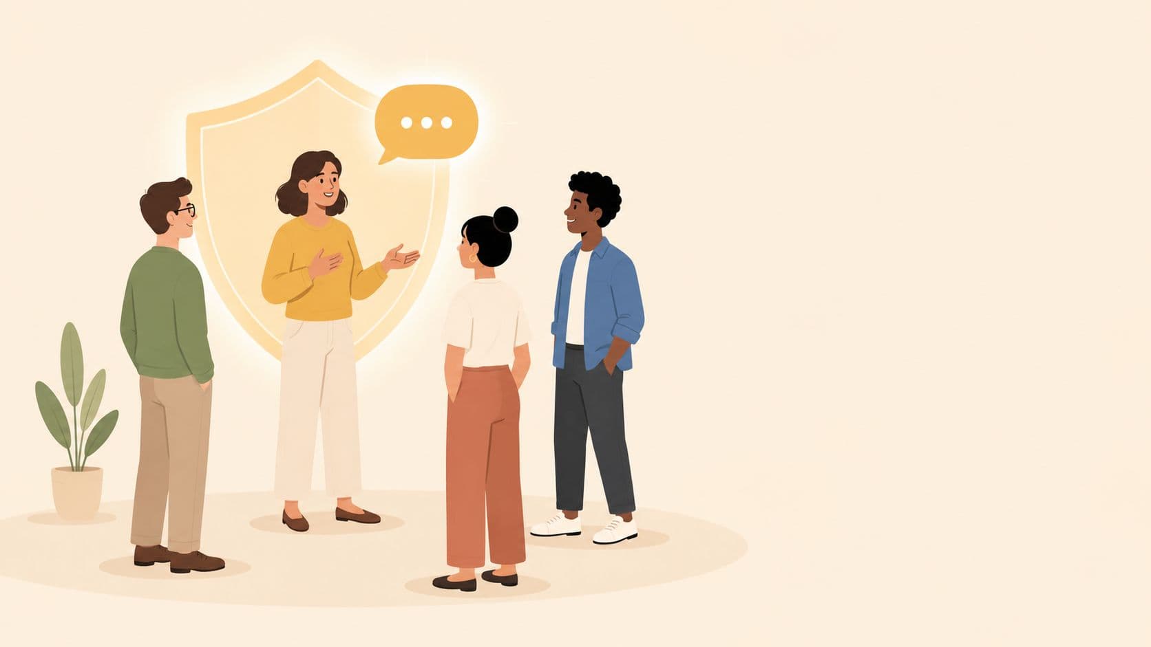 A diverse group of four people standing in a circle while having a professional discussion about norms.