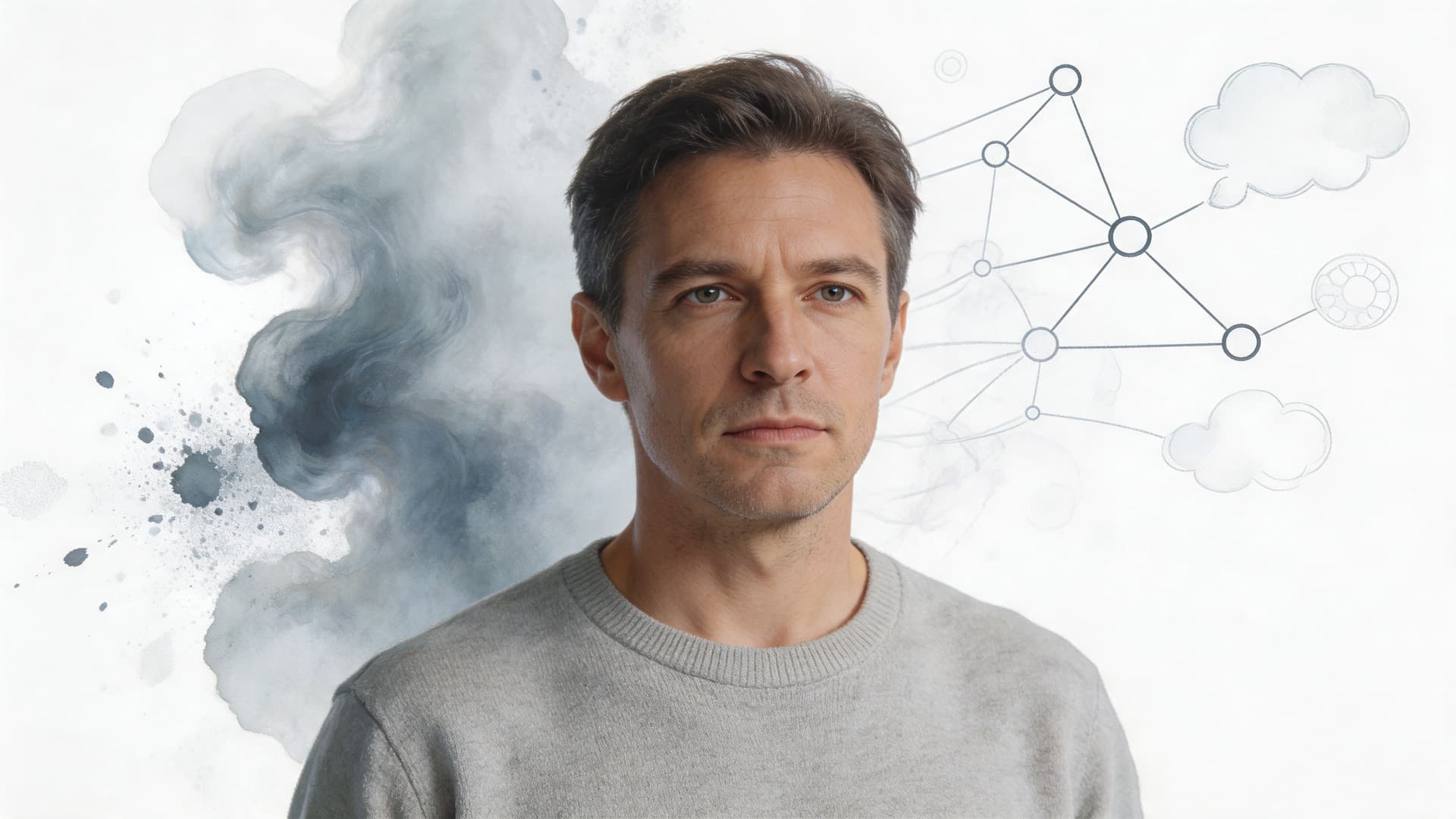 A thoughtful man looking directly at the camera with abstract smoke and network connection graphics behind him.