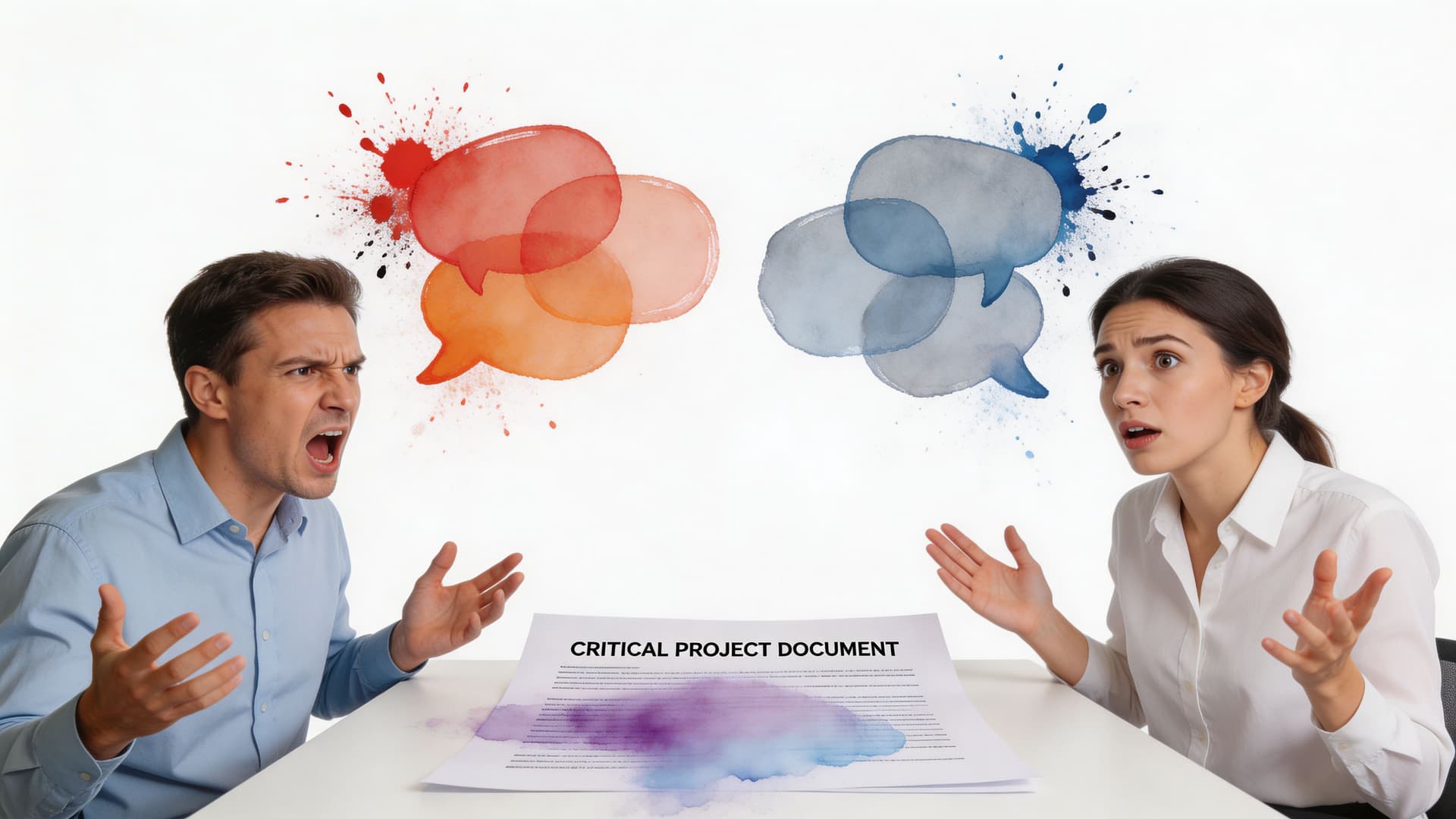 A man and a woman arguing over a damaged critical project document on a white background.