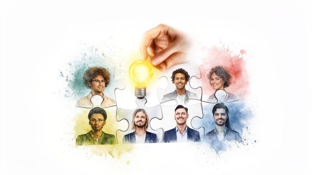 A hand places a glowing light bulb into a puzzle formed by diverse team members, symbolizing collaboration and innovation.