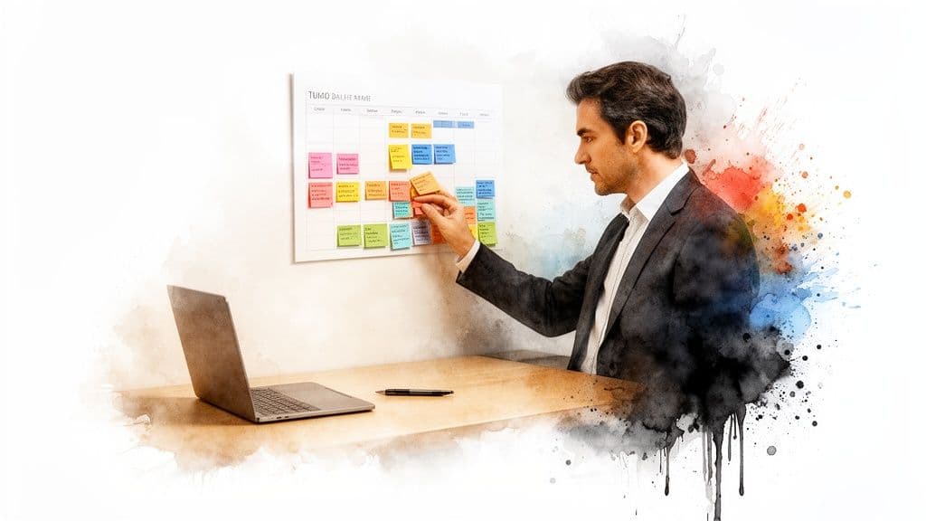 A professional man in a suit arranges colorful sticky notes on a time blocking board, with a laptop nearby.