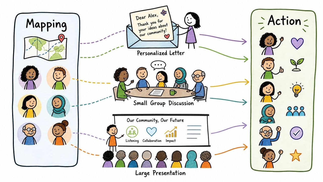 An infographic illustrating a stakeholder engagement plan using mapping, personalized letters, group discussions, and presentations for community involvement.