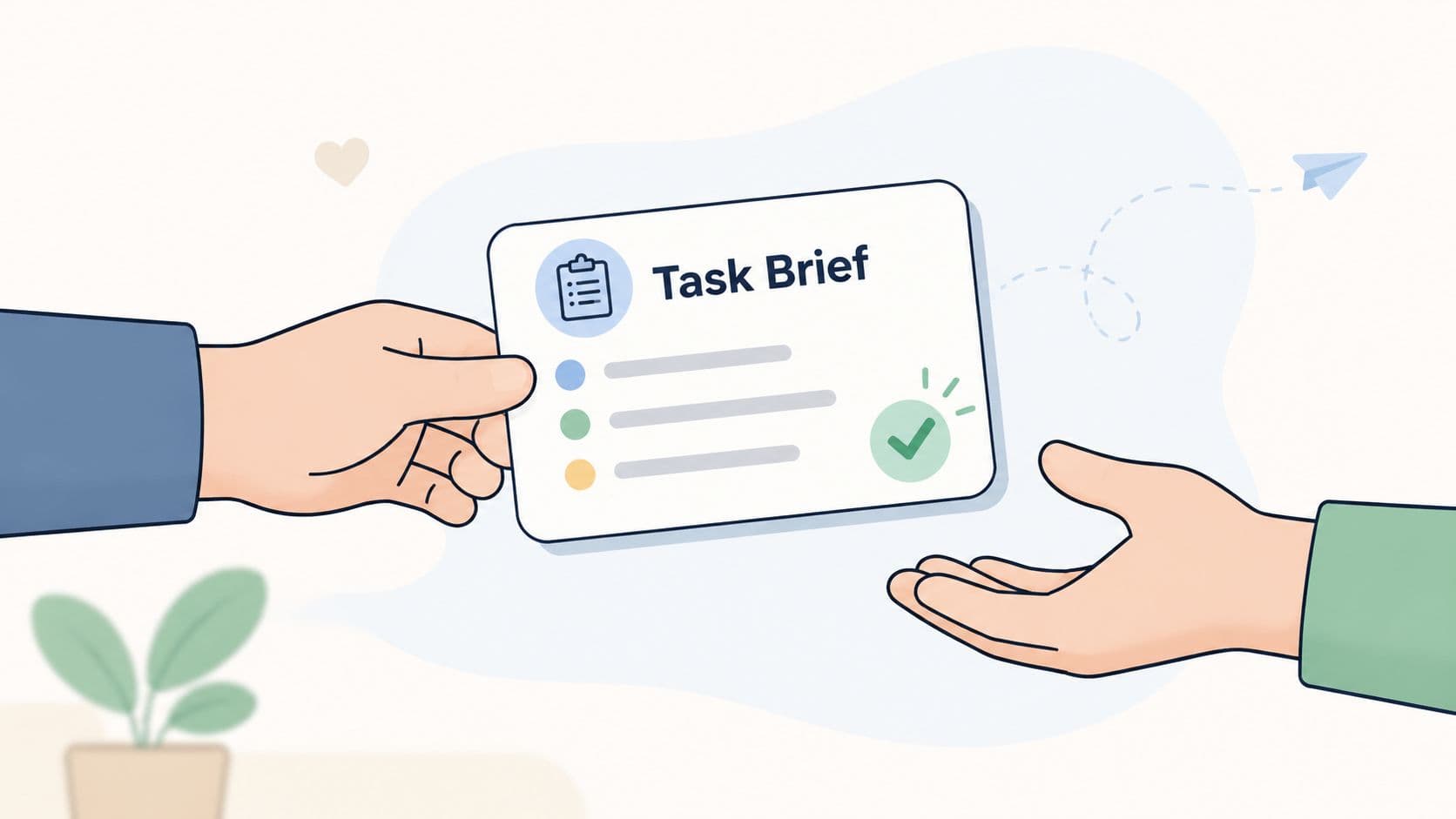 A hand handing over a task brief card to another person in a collaborative professional office setting.