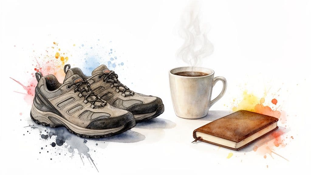 A watercolor illustration of hiking shoes, a steaming coffee mug, and a brown book with colorful splatters.