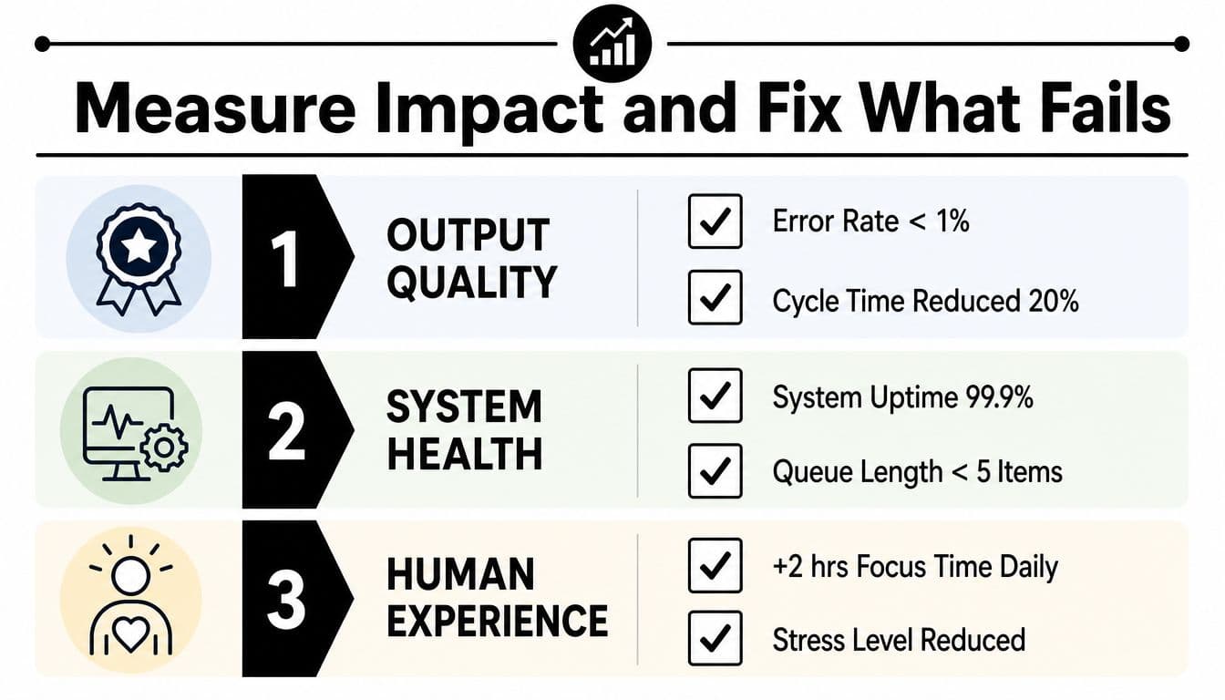 An infographic titled Measure Impact and Fix What Fails outlining three categories for performance metrics.