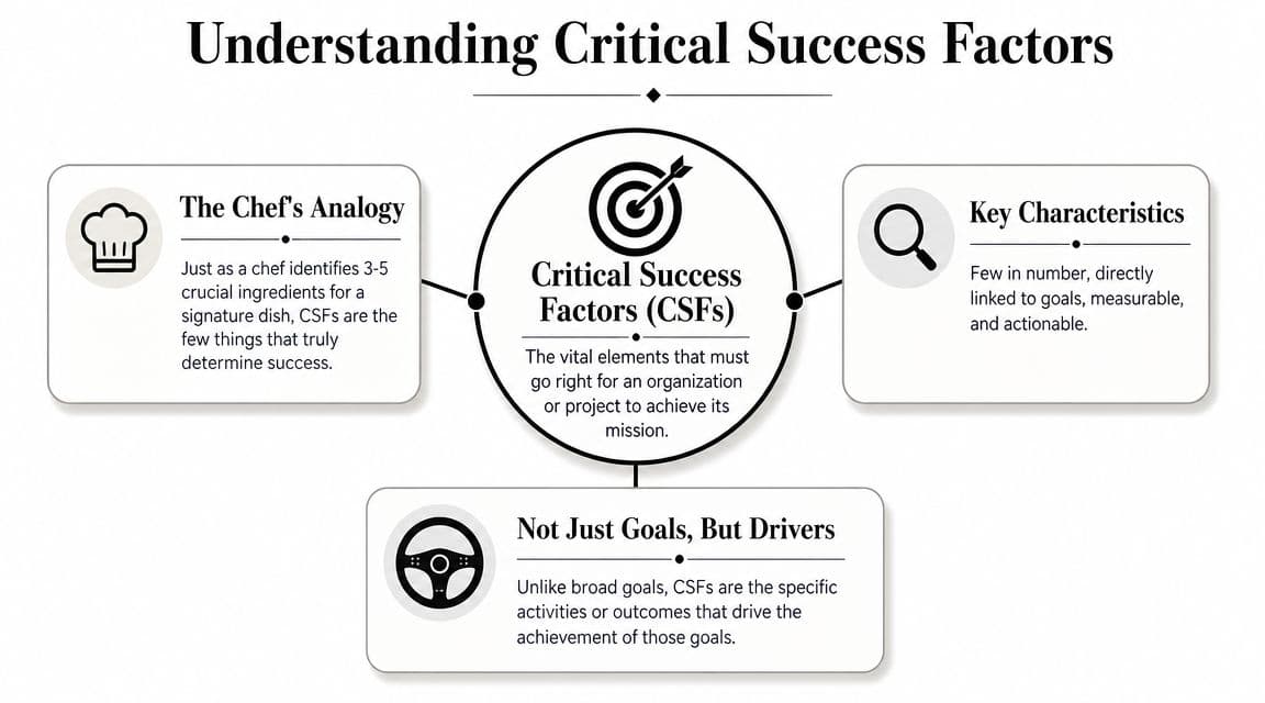 An infographic titled Understanding Critical Success Factors, explaining their role as vital elements for project mission success.