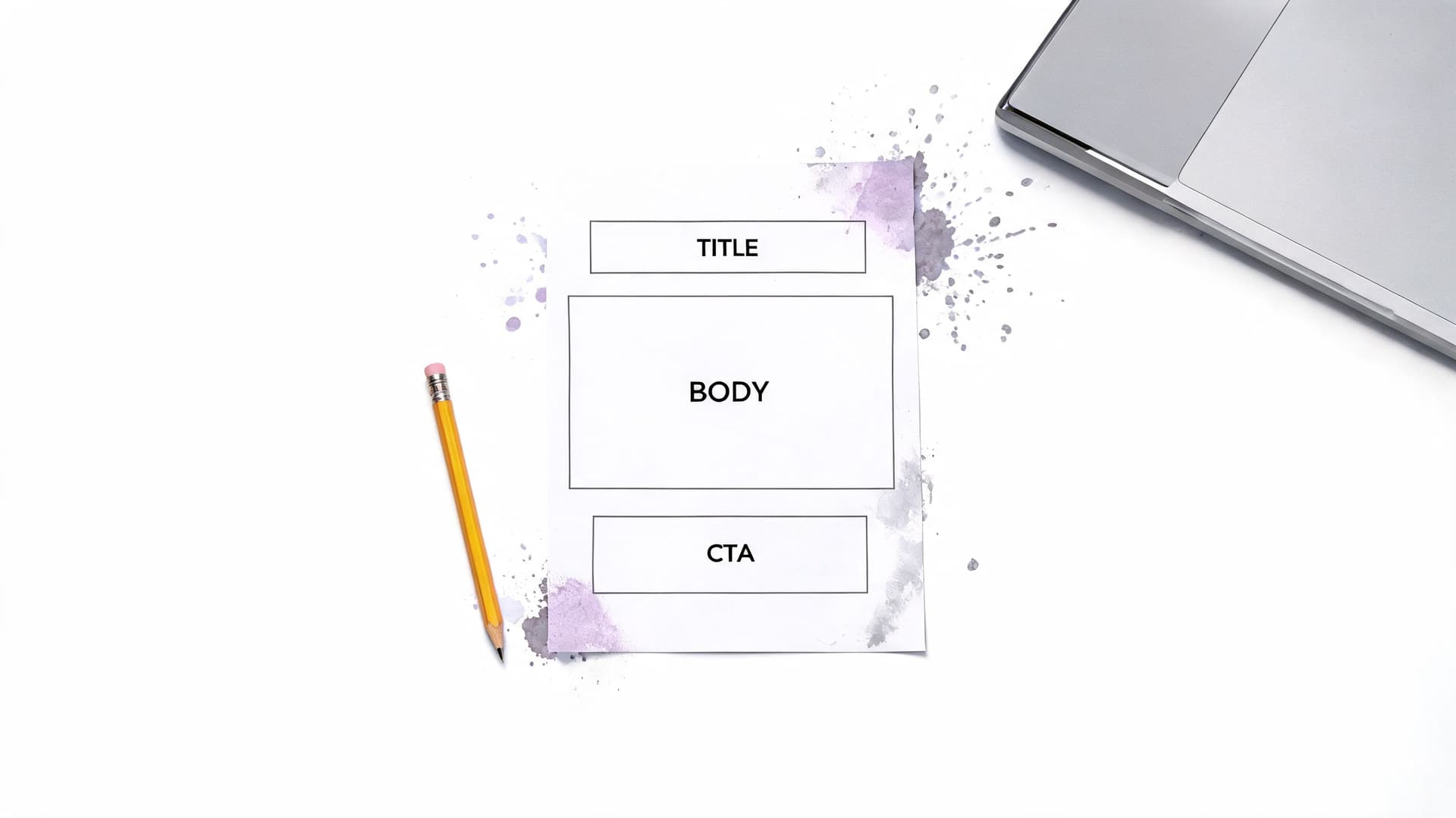 A blank wireframe template for web design on paper, sitting on a desk with a pencil.