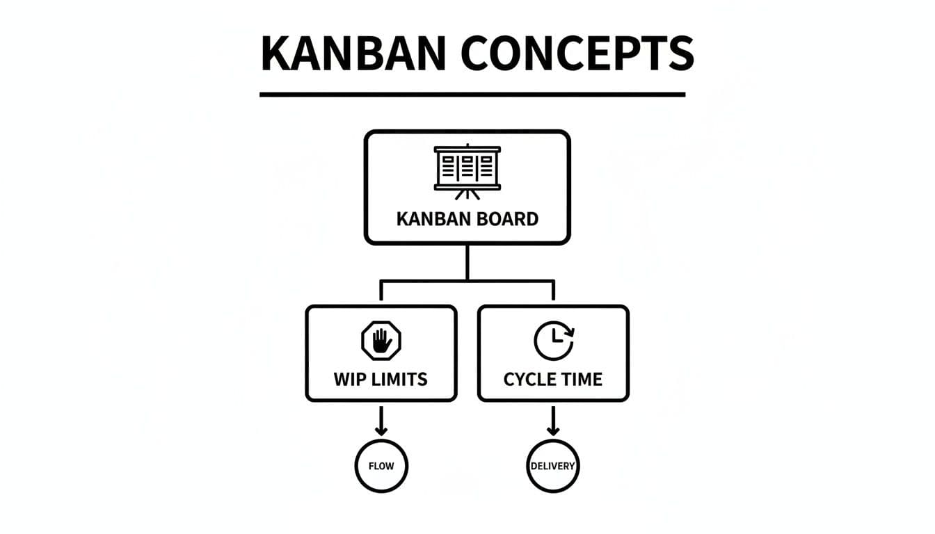 A conceptual diagram illustrating Kanban concepts: Kanban Board, WIP Limits leading to Flow, and Cycle Time leading to Delivery.