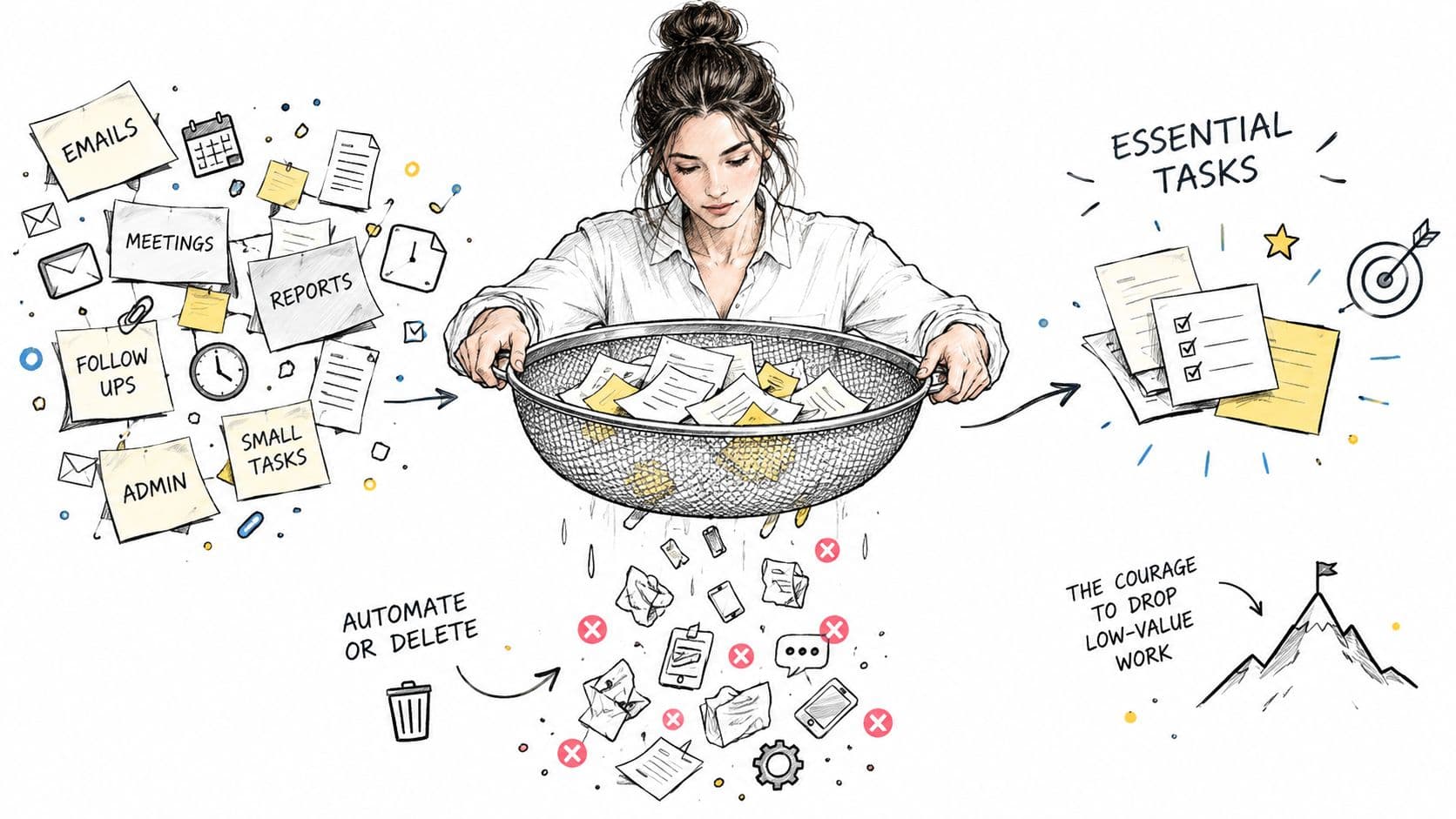 A woman filtering through various work tasks, keeping essential items while discarding low-value activities with a strainer.