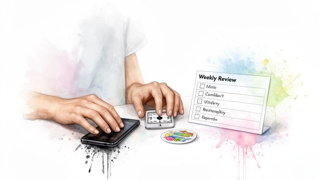 Illustration of hands using a smartphone and a time-tracking device next to a weekly review checklist.