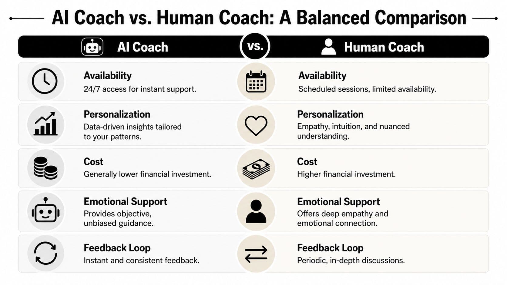 A comparison chart outlining the pros and cons of AI coaches versus human coaches for personal growth.