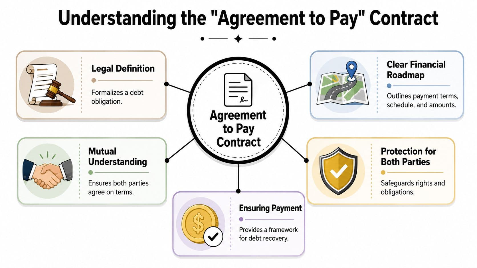 An infographic titled Understanding the Agreement to Pay Contract, explaining its legal and financial components.