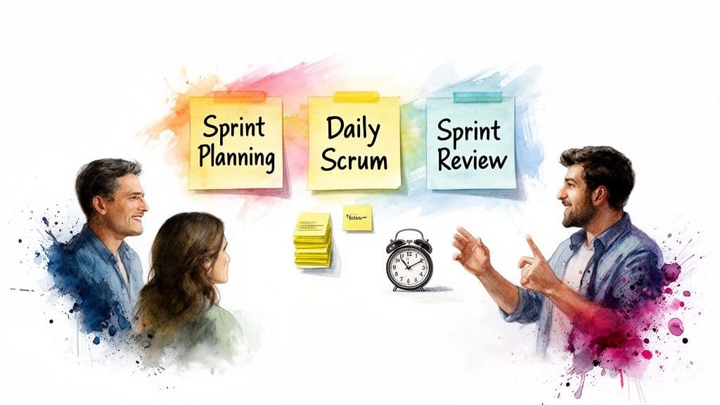 Illustration of Agile Scrum process with Sprint Planning, Daily Scrum, and Sprint Review, team discussion, sticky notes, and a clock.