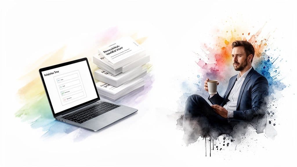 A professional man with coffee, a laptop displaying a form, and stacks of paper templates.