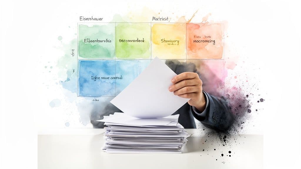 A hand places a document on a stack of papers, overlaying a colorful watercolor Eisenhower matrix diagram.