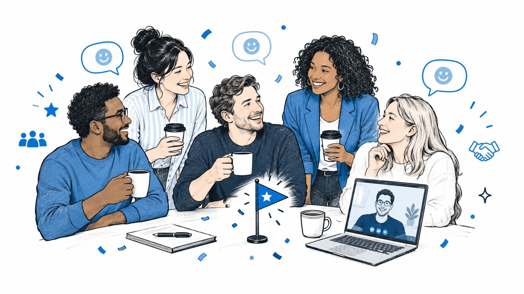 A diverse team of professionals collaborating during a meeting with coffee, a laptop, and celebratory icons.