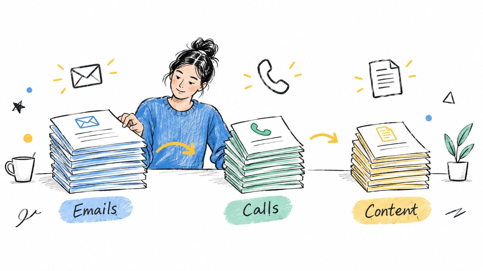 A hand-drawn illustration of a woman organizing stacks of papers representing emails, phone calls, and content production.