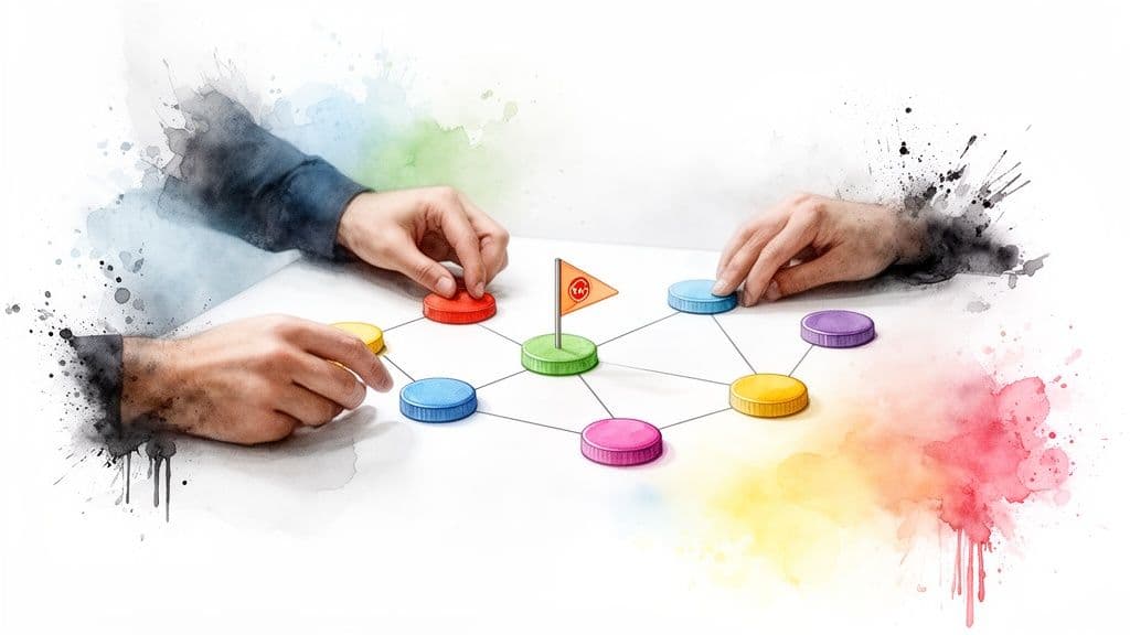 Hands collaborate, moving colorful tokens on a connected board with a central flag, representing strategic planning.