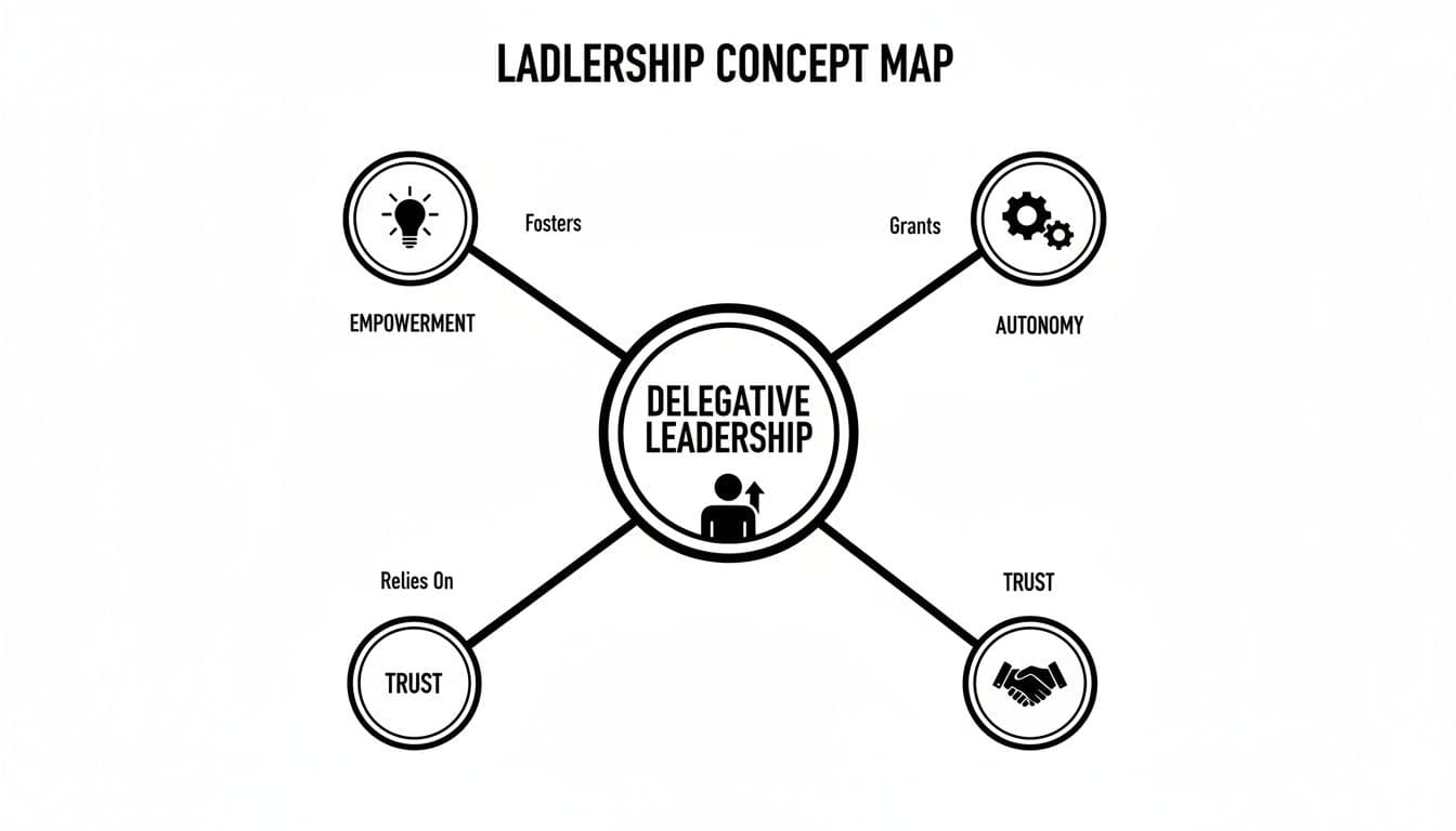 A concept map showing delegative leadership fosters empowerment, grants autonomy, and relies on trust.