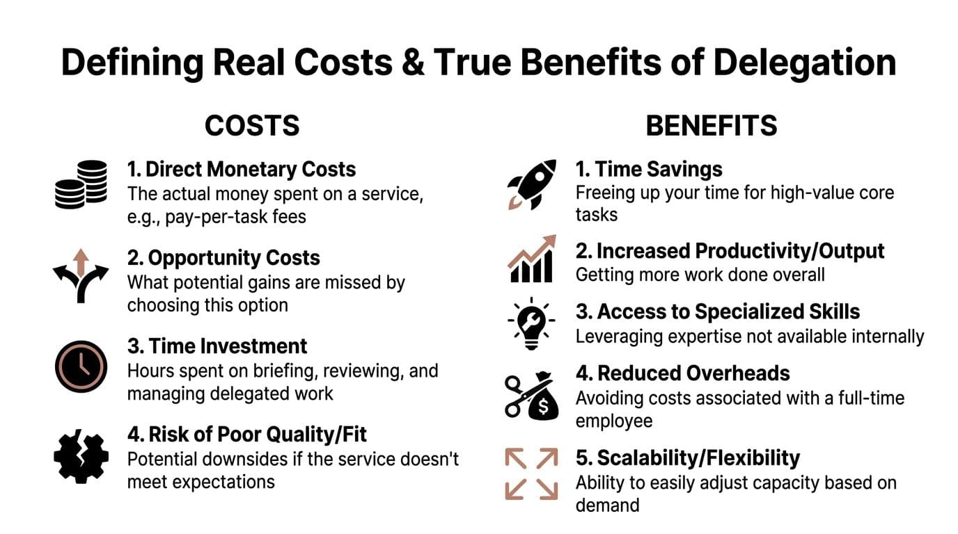 An infographic titled Defining Real Costs and True Benefits of Delegation, listing four costs and five benefits.
