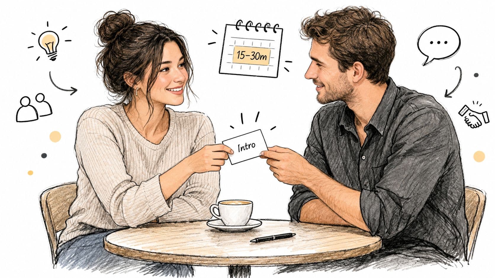 A man and woman sitting at a cafe table holding a card labeled Intro during a meeting.