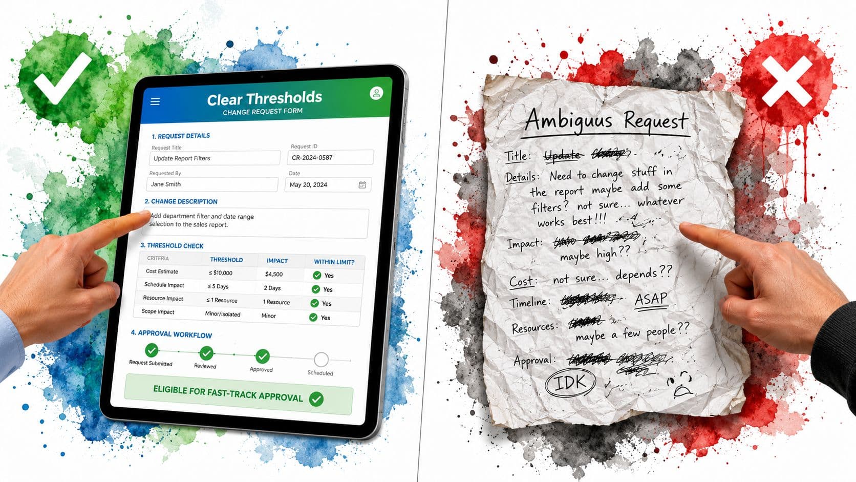 A split image comparing a clear digital change request form versus an ambiguous handwritten request note.