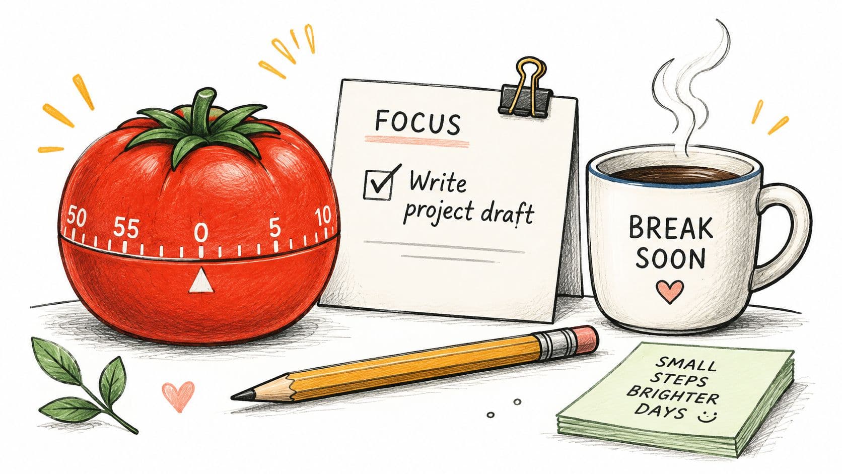 A tomato timer, a notepad about project drafting, a coffee mug, and a pencil for productivity.