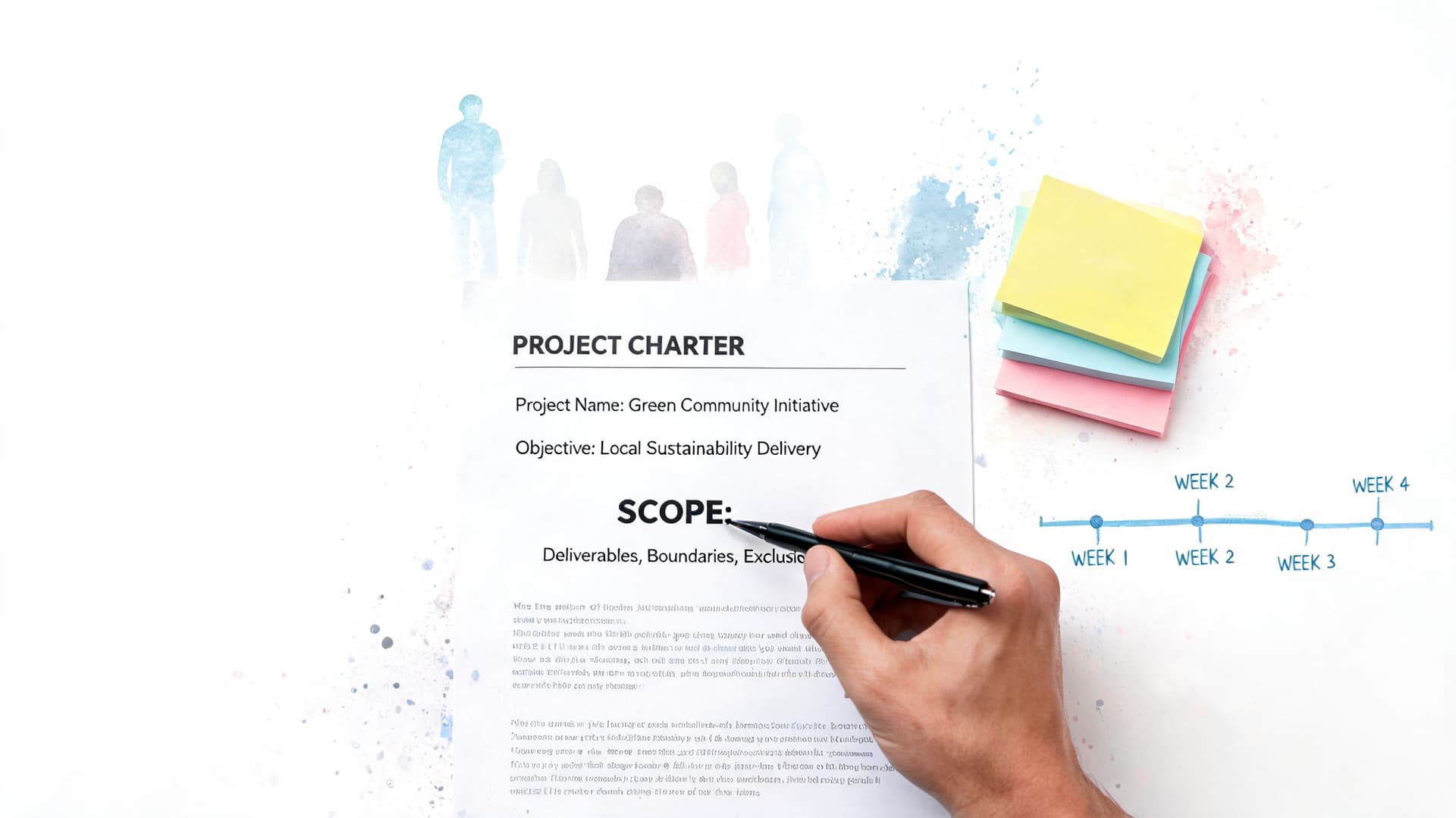 A hand pointing a pen at a project charter document with sustainability goals and a timeline.