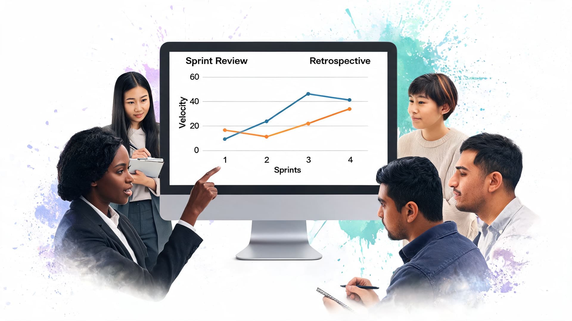 A diverse business team collaborating on agile methodology meetings while viewing velocity charts on a computer screen.