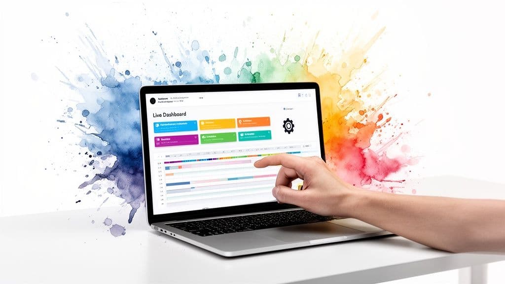 A hand interacts with a laptop displaying a live data dashboard against a vibrant watercolor background.