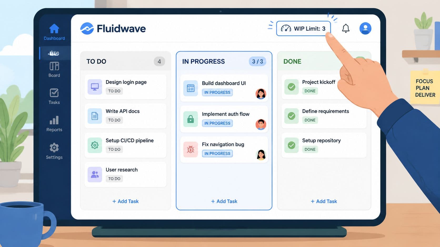 A digital task management board on a screen showing Work In Progress limits and active team tasks.
